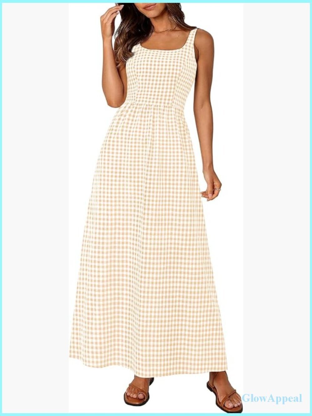 Spaghetti Strap Maxi Dress Plaid Square Neck A Line Casual Beach Vacation Long